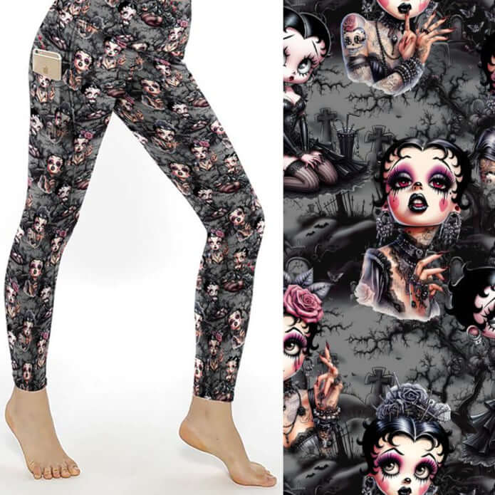 mock up of Black Betty Gothic Full-Length Leggings featuring a gothic-inspired Betty Boop in a foggy graveyard, dressed in lace and corsets with dark makeup.