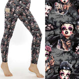 mock up of Black Betty Gothic Full-Length Leggings featuring a gothic-inspired Betty Boop in a foggy graveyard, dressed in lace and corsets with dark makeup.