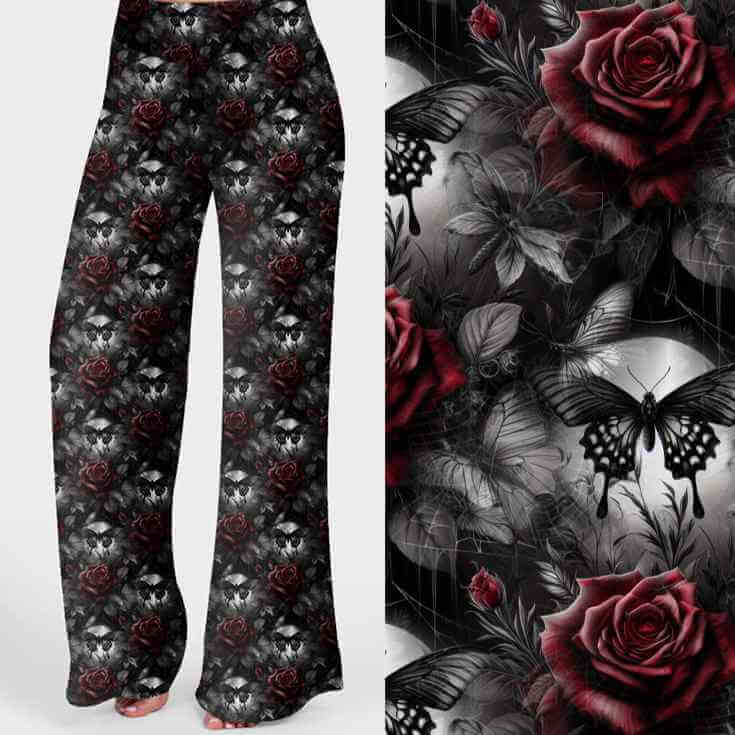 Blood Moon Butterflies print lounge pants with red roses, black butterflies and a dark grey floral background.