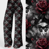 Blood Moon Butterflies print lounge pants with red roses, black butterflies and a dark grey floral background.
