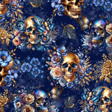 Pattern with shimmering gold and dark blue skulls with delicate gold and blue flowers and butterflies on a vibrant dark blue background.