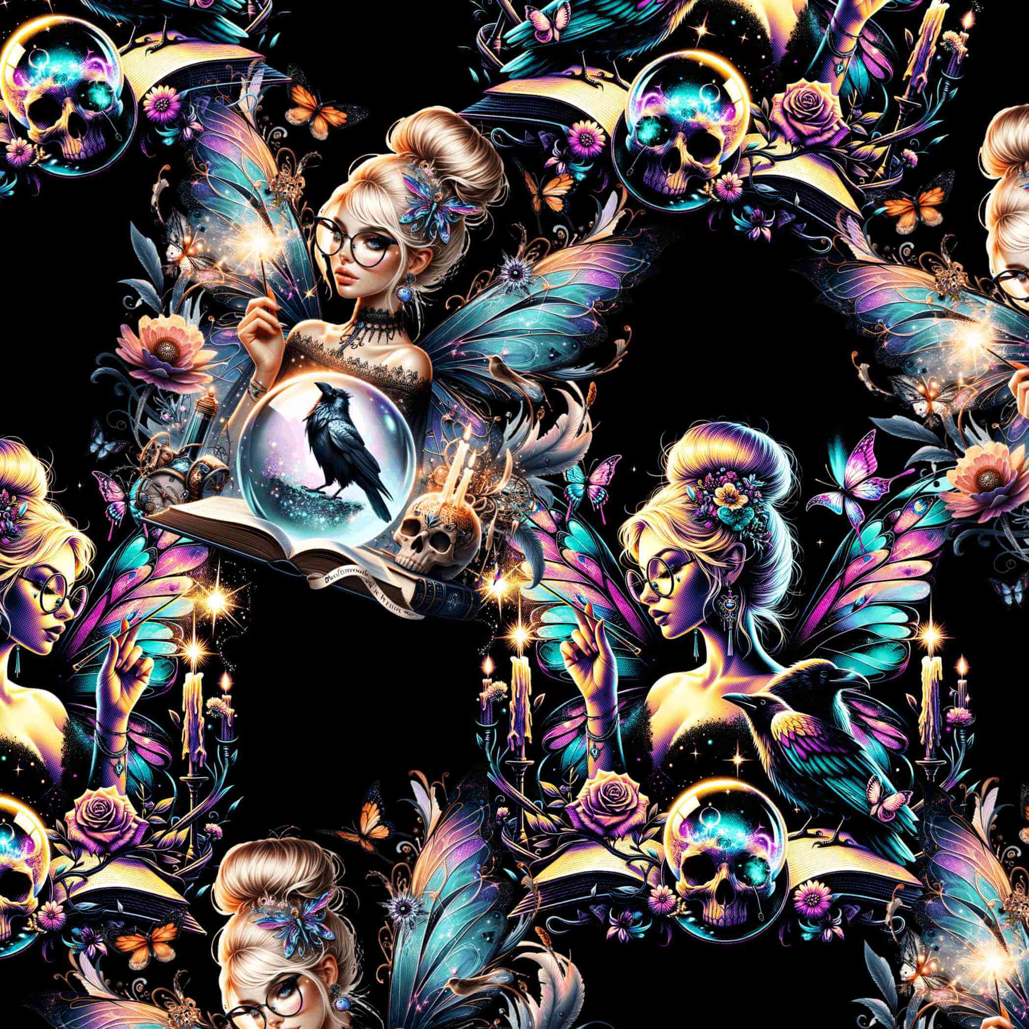 pattern of Fairy leggings with spell books, potions, moons and stars on a moody background with glittery accents.