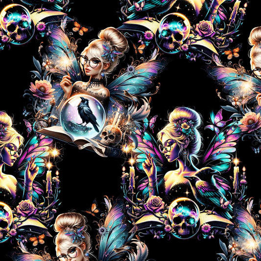 pattern of Fairy leggings with spell books, potions, moons and stars on a moody background with glittery accents.