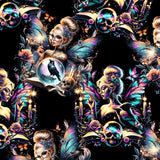 pattern of Fairy leggings with spell books, potions, moons and stars on a moody background with glittery accents.