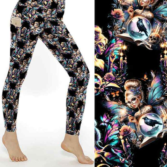 stock image of Fairy leggings with spell books, potions, moons and stars on a moody background with glittery accents.