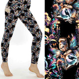 stock image of Fairy leggings with spell books, potions, moons and stars on a moody background with glittery accents.
