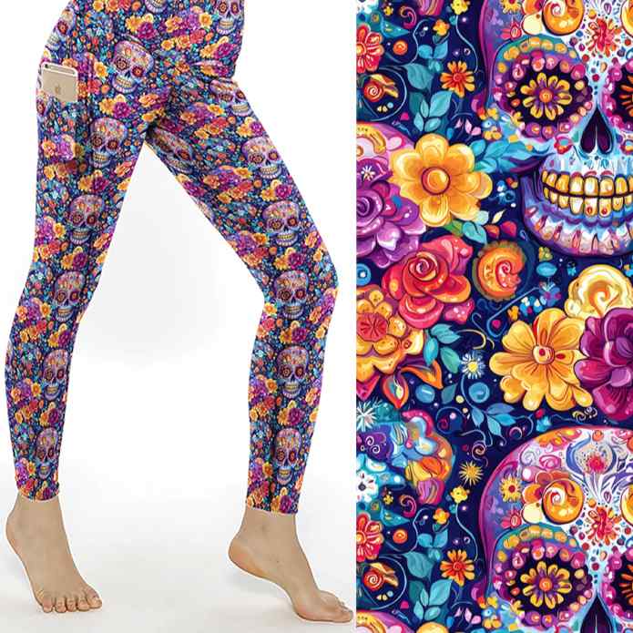 Bright Side of the Grave Day of the Dead Full Length Leggings With Pockets by Nikki Whoops Boutique, shown with a close-up of the print.