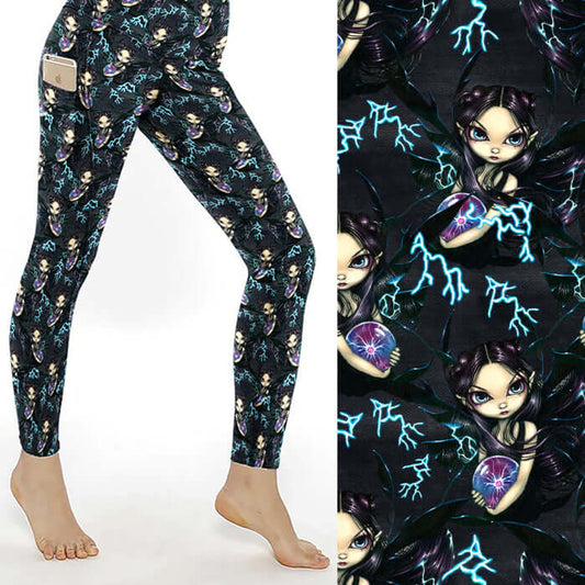 mockup of leggings with dark fairies with blue lightning bolts