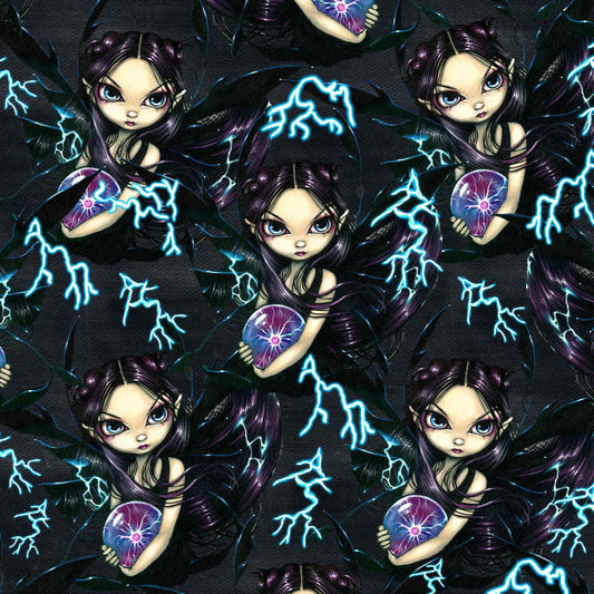 pattern of dark fairies with blue lightning bolts