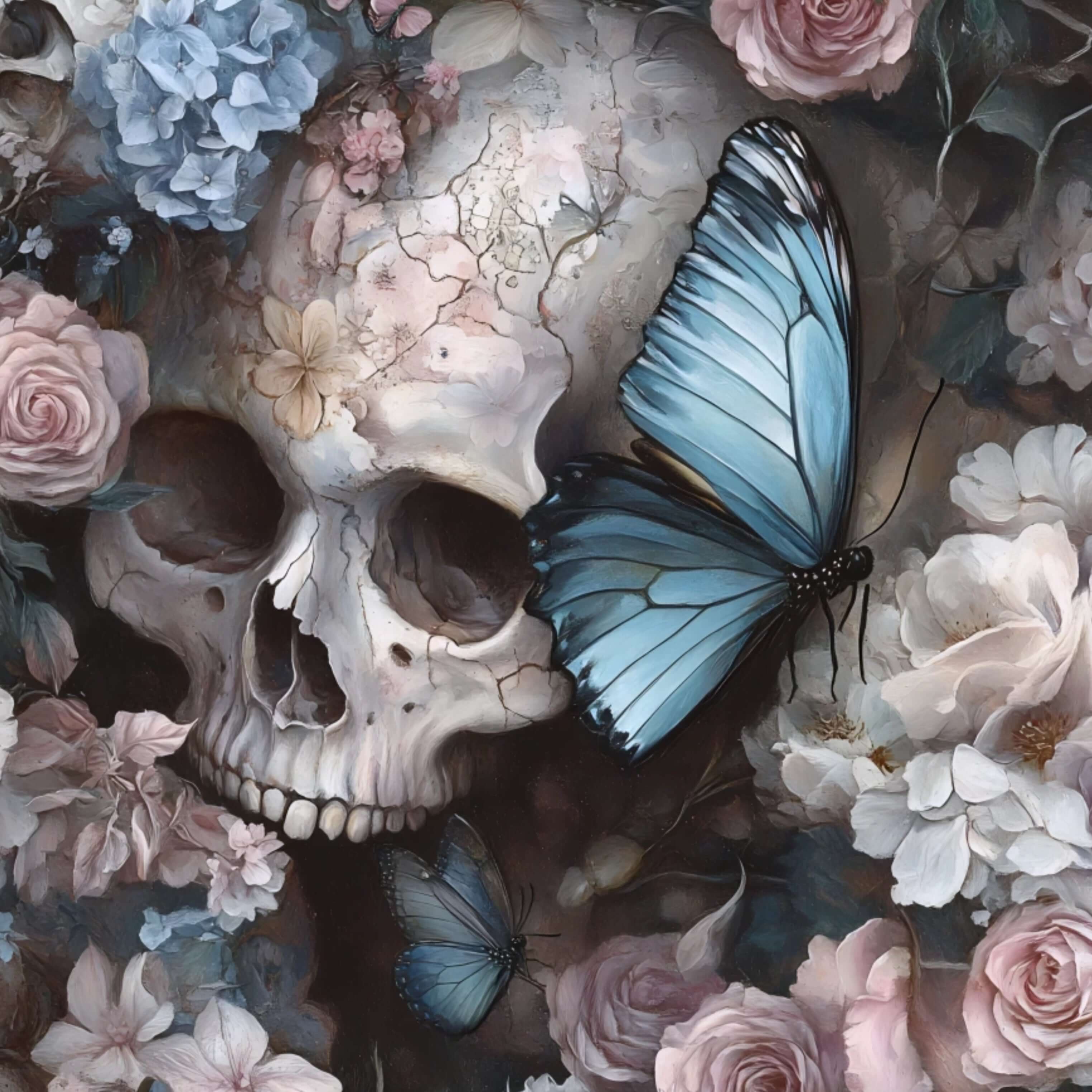 Pattern of Bullet With Butterfly Wings - Skull Leggings with cracked skulls, pastel flowers, and blue butterflies on a dark background by Nikki Whoops Boutique.