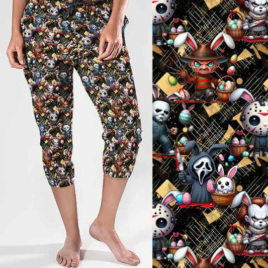 mockup of Bunny Butchers capri joggers featuring chibi horror villains wearing rabbit ears