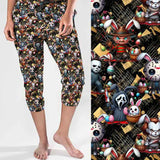 mockup of Bunny Butchers capri joggers featuring chibi horror villains wearing rabbit ears