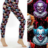 Scary clown leggings featuring colourful horror clown faces with red splatter on a black background