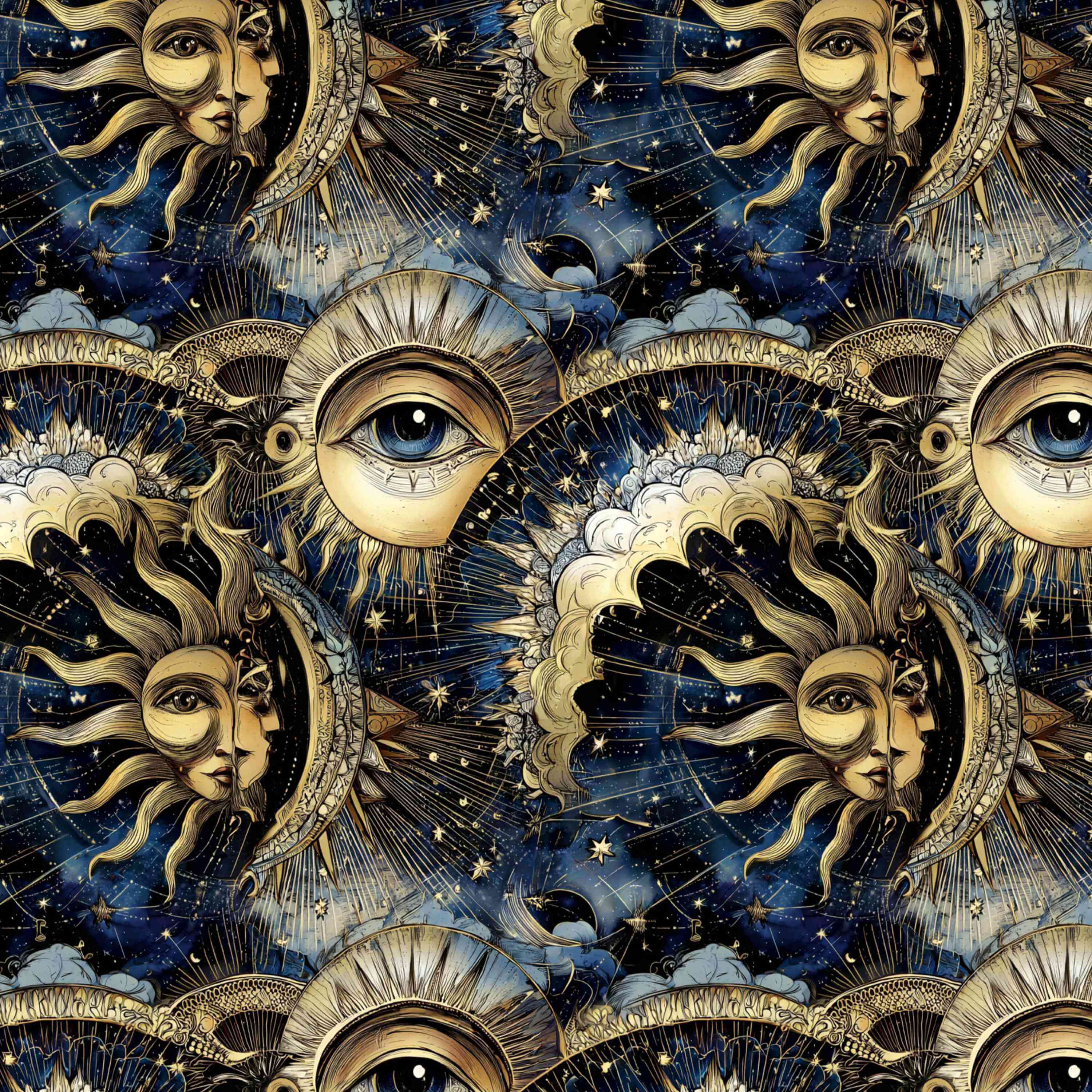 Decorative pattern with celestial designs including suns, moons, and eyes against a starry night sky.