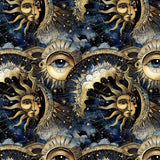 Decorative pattern with celestial designs including suns, moons, and eyes against a starry night sky.