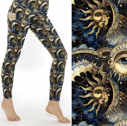Celestial Secrets full-length leggings featuring celestial sun and moon faces, all-seeing eyes, stars and mystical astrology-inspired artwork in navy and gold tones.