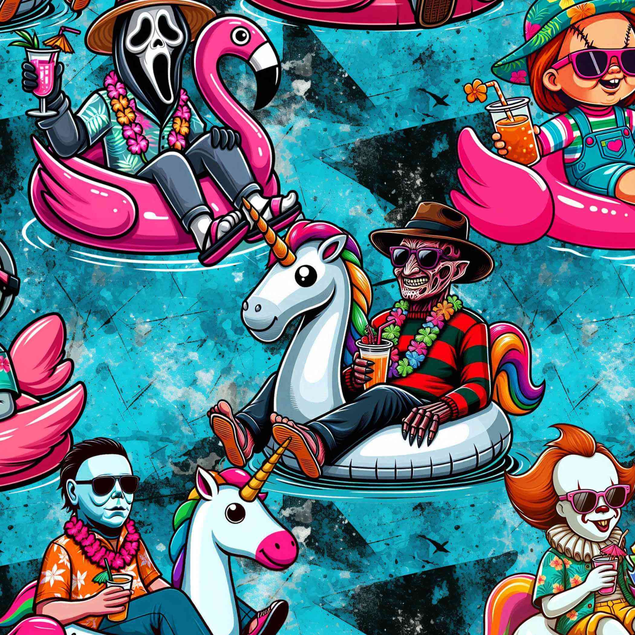 pattern of cartoon horror movie villains on unicorn and flamingo blow up toys