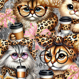Illustrations of cats with leopard print accessories and coffee cups on a patterned background