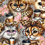 Illustrations of cats with leopard print accessories and coffee cups on a patterned background