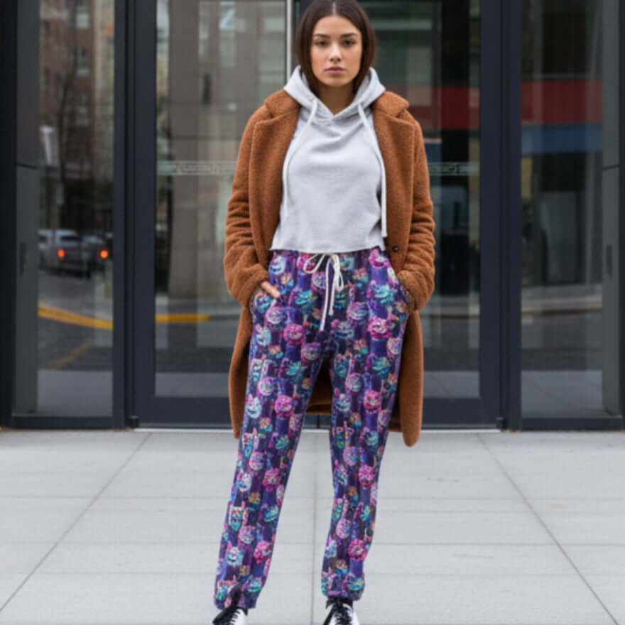 Woman wearing a brown cardigan, white hoodie, Full length jogger pants featuring colourful cosmic cats with bright blue, pink and purple fur, yellow eyes and mischievous smiles standing on a city street.