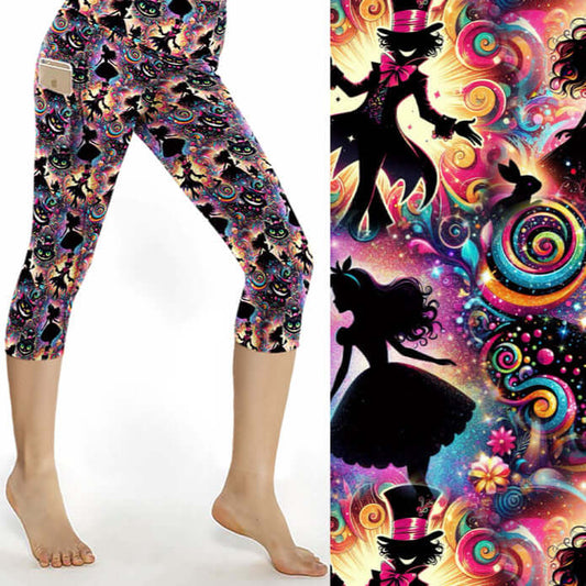 Capri leggings featuring colourful Wonderland silhouettes of Alice, the Mad Hatter, and Cheshire Cat on a psychedelic rainbow background.