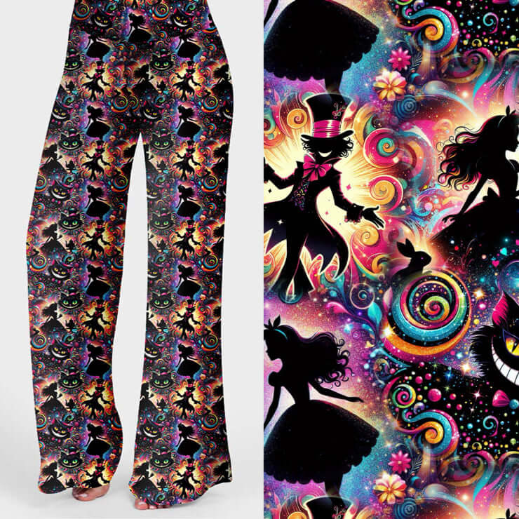 Wide leg lounge pants in Curiouser and Curiouser print with vibrant Alice in Wonderland print featuring Cheshire Cat, Mad Hatter, Alice silhouettes, and colourful swirls with high waistband and deep pockets by Nikki Whoops Boutique..