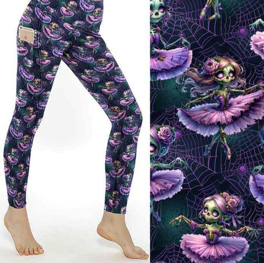 Leggings featuring Ballerina-zombies-in-purple-tutus-with-purple-hair-green-skin-and-dead-eyes- on-a-Dark-green-background-with-purple-cobwebs.