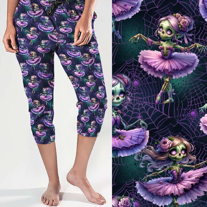 mock up of A pair of capri joggers featuring a gothic-inspired design of eerie zombie ballerinas. The ballerinas wear tattered lavender tutus, have glowing purple eyes, skeletal hands, and flowing hair decorated with roses. The dark background features spiderwebs and ghostly details, enhancing the spooky yet whimsical aesthetic.