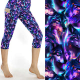 Capri leggings with a vibrant wolf pattern on a white background