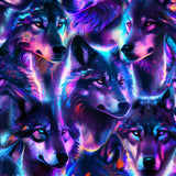 Pattern of Dances With Wolves Full length leggings with neon purple, blue, and pink wolf print, high waistband, and side pocket by Nikki Whoops Boutique.