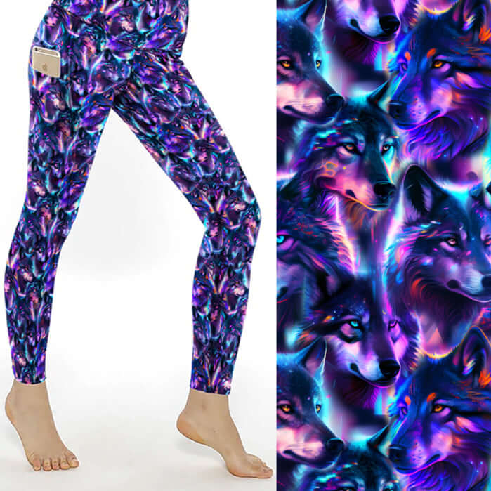 Mockup of Dances With Wolves Full length leggings with neon purple, blue, and pink wolf print, high waistband, and side pocket by Nikki Whoops Boutique.
