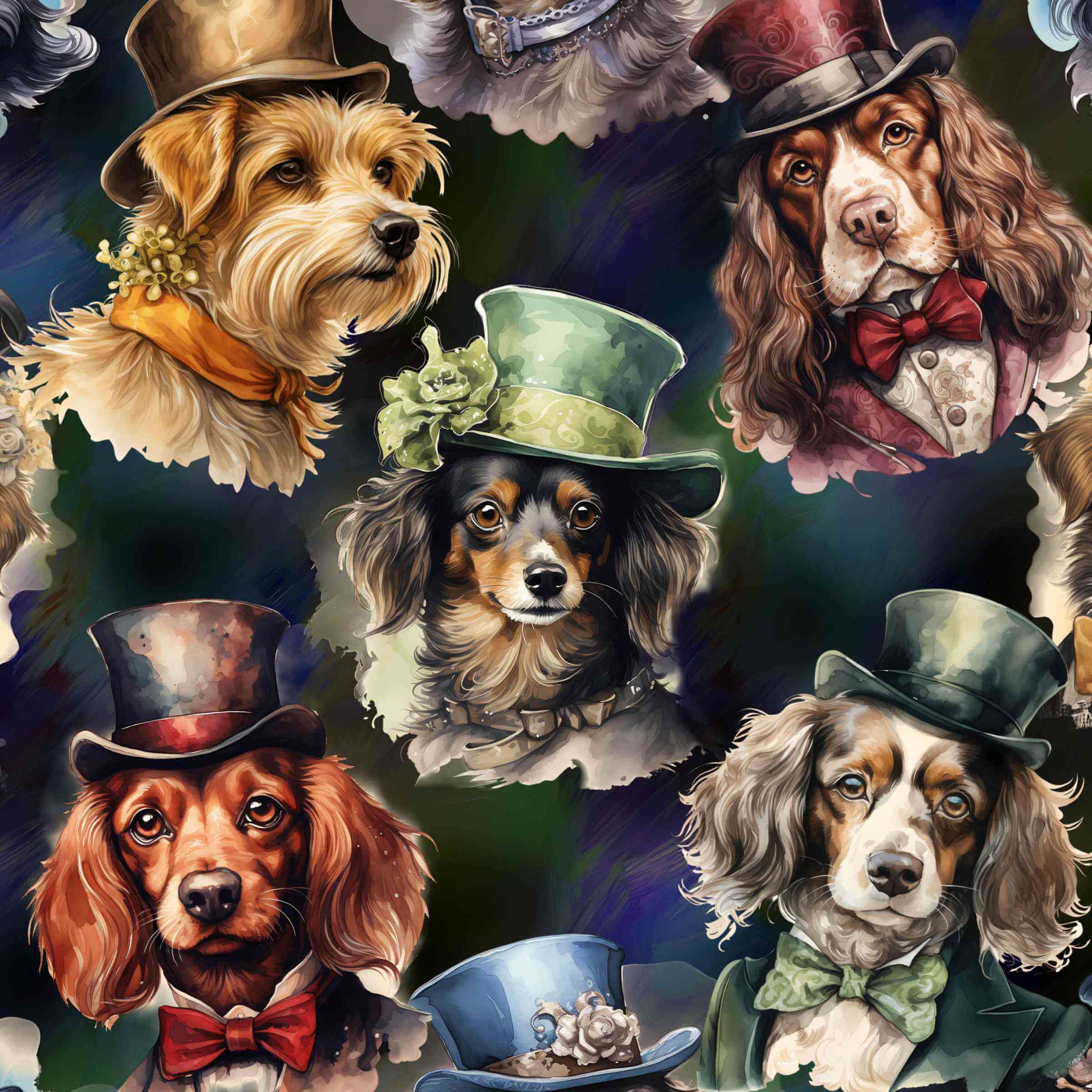 pattern featuring a whimsical Victorian-inspired dog print