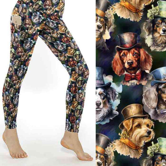 A pair of full-length leggings featuring a printed pattern with various cartoon-style dogs wearing hats and bow ties on a dark green background. The leggings are displayed on a pair of legs, and there is a close-up of the fabric texture and design detail.