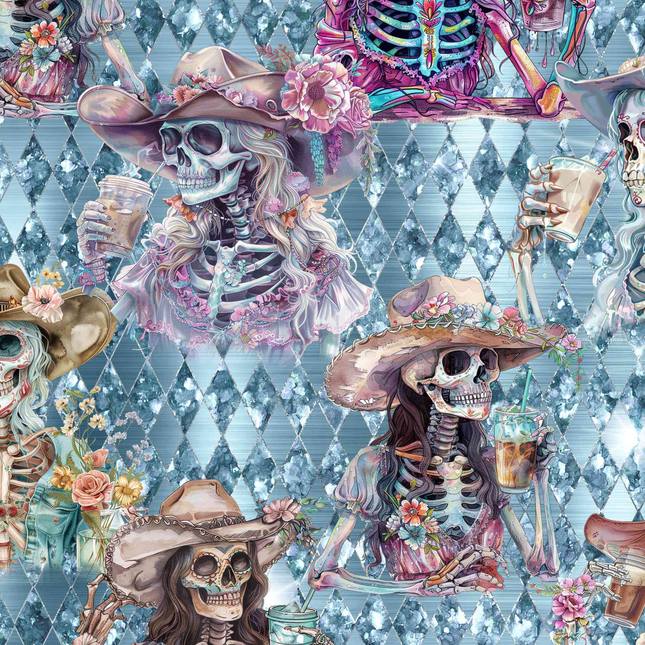 pattern of Dead Drunk But Dainty leggings with pink and lavender skeletons drinking cocktails on a soft pastel background.