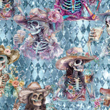 pattern of Dead Drunk But Dainty leggings with pink and lavender skeletons drinking cocktails on a soft pastel background.