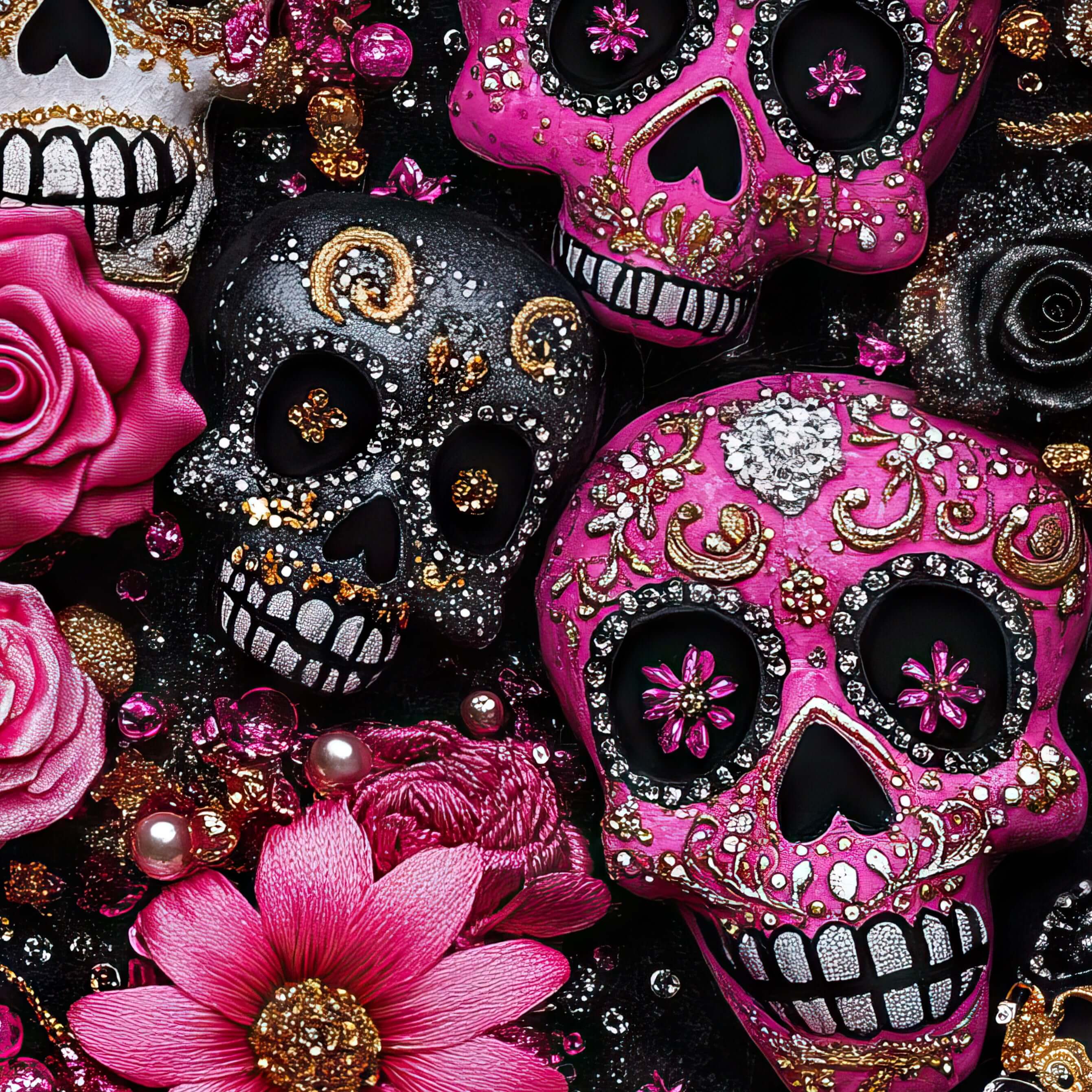 Pattern of decorative skulls with pink flowers and embellishments on a dark background