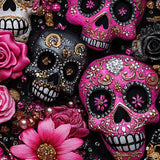 Pattern of decorative skulls with pink flowers and embellishments on a dark background