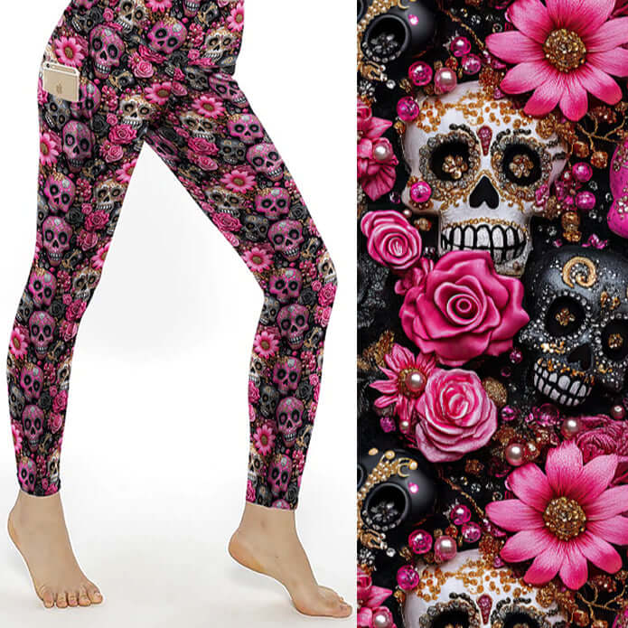 Dead Glamourous full length leggings with pink jewel skulls, roses, gold detailing, and gothic floral design