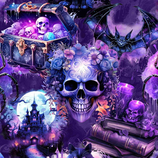 pattern featuring a Halloween-themed pattern with skulls, bats, and a haunted house against a purple background.
