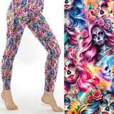 Dead Pretty La Catrina Full Length Leggings With Pockets by Nikki Whoops Boutique, shown with a close-up of the print.