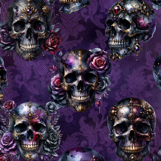 Ornate skull and rose pattern on dark purple background with gold accents, jewels, and floral designs.