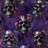 Ornate skull and rose pattern on dark purple background with gold accents, jewels, and floral designs.