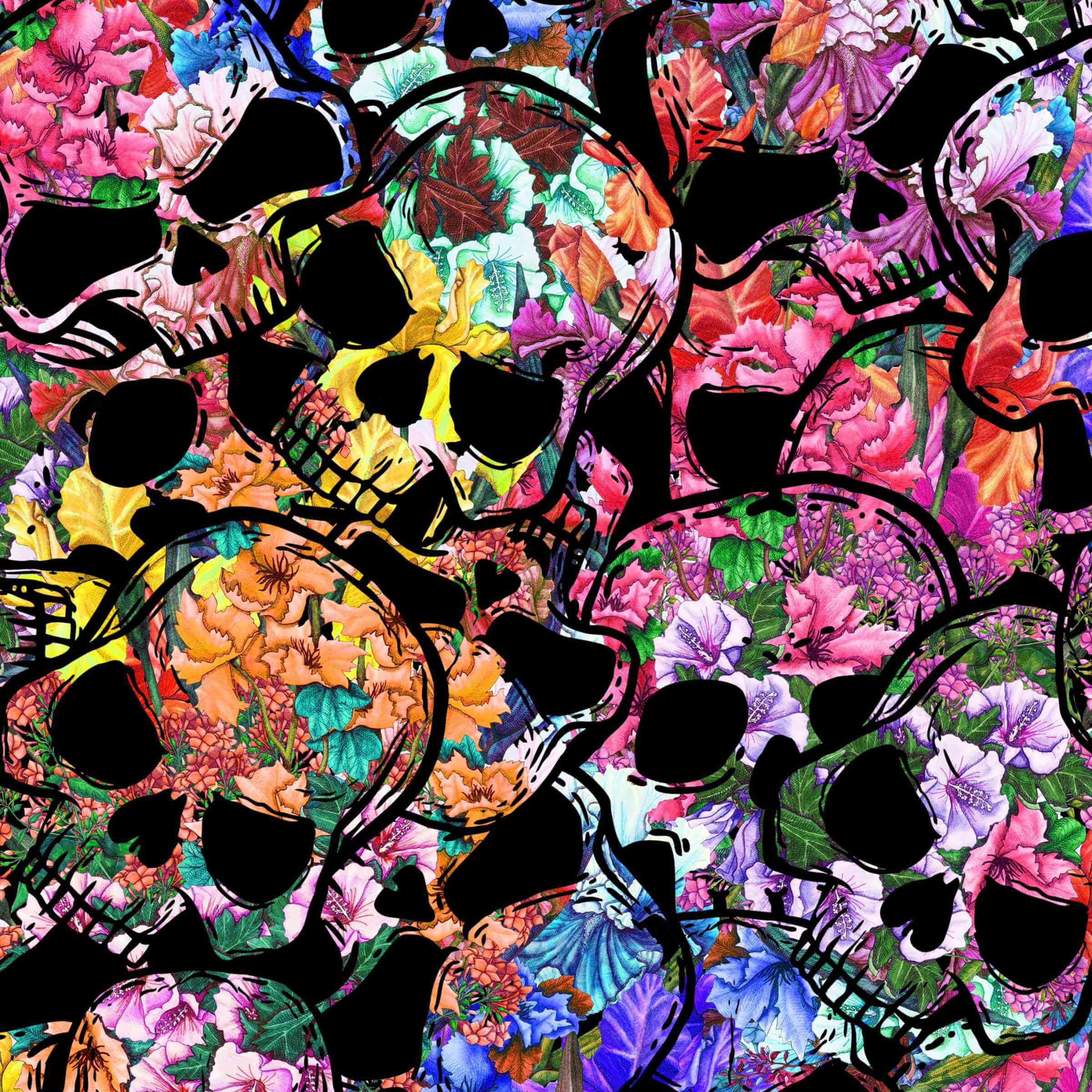 Colorful pattern of black skulls and flowers on a multicolored background
