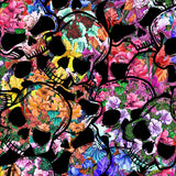 Colorful pattern of black skulls and flowers on a multicolored background