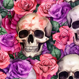 Skulls and colorful flowers on a patterned background