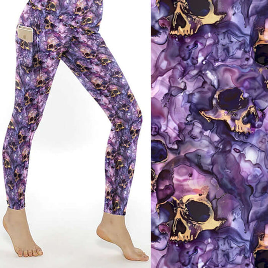 mockup of Deadly Nightshade - Skull Leggings purple and gold skulls by Nikki Whoops Boutique.
