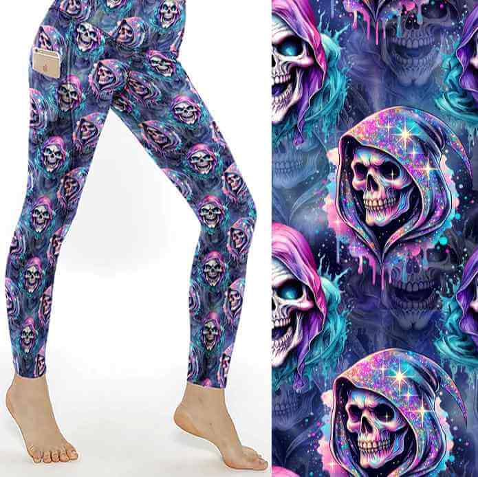 Leggings with a colorful sparkly Grim reaper skull design on blue background