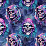 Pattern of colorful skulls with purple and blue hoods on a dark background