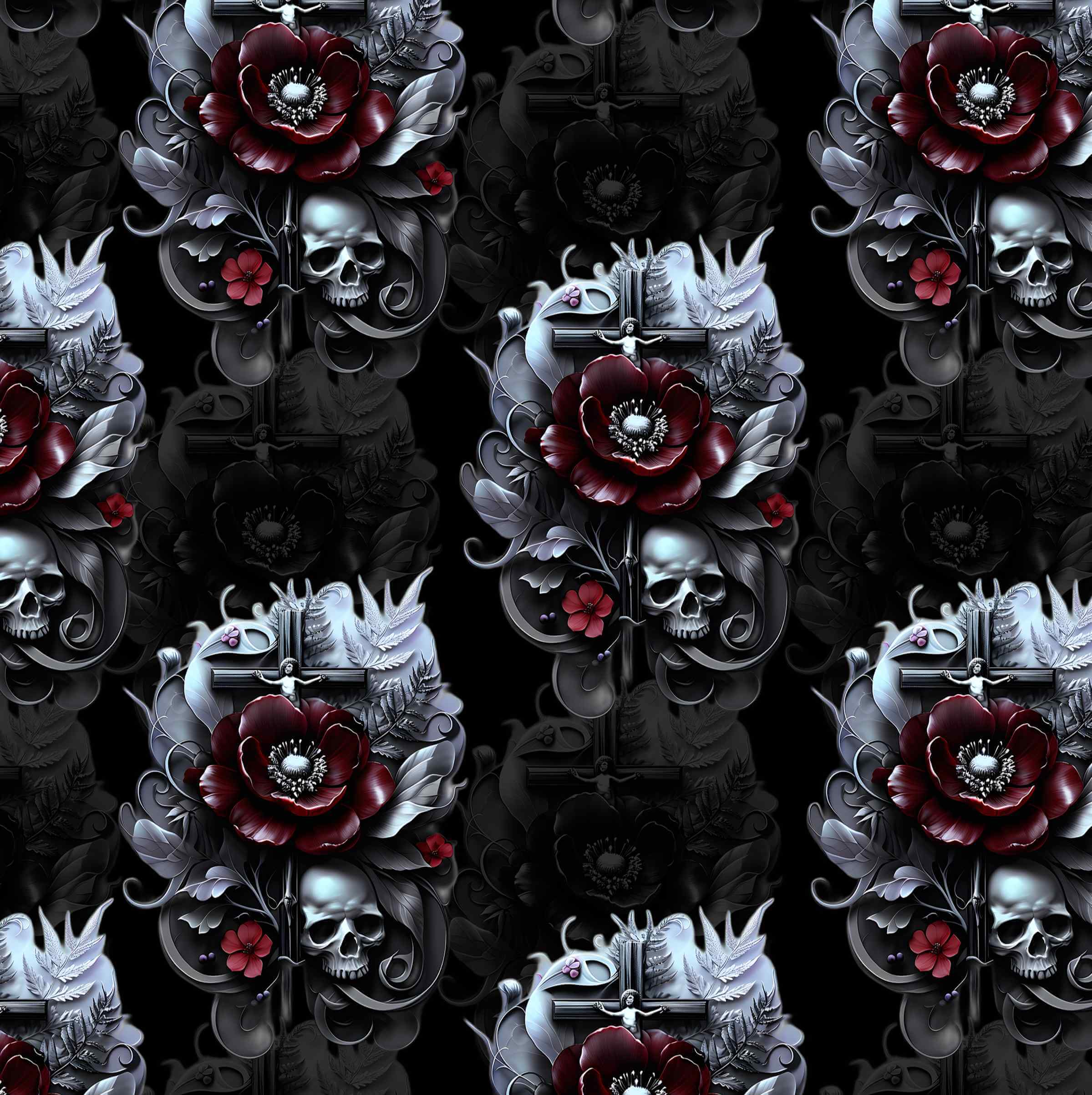 Pattern of skulls and red flowers on a black background