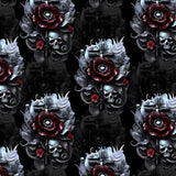 Pattern of skulls and red flowers on a black background